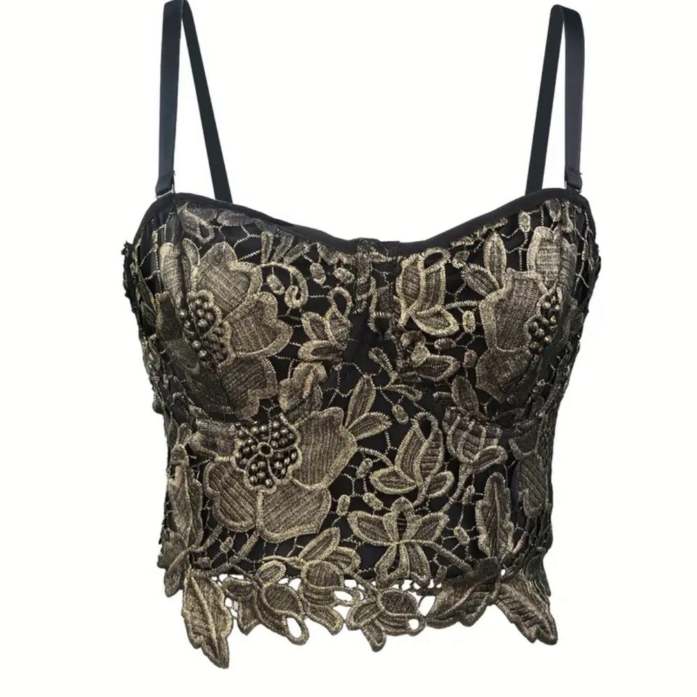 Black & Gold Floral Lace Crop Top - Styled for Evening